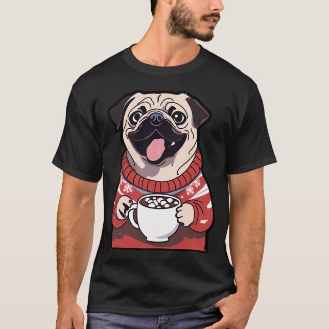 T-shirt Carlin festif avec chocolat chaud dans un pull de  (Devant)