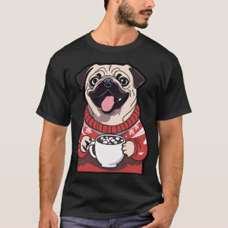 T-shirt Carlin festif avec chocolat chaud dans un pull de