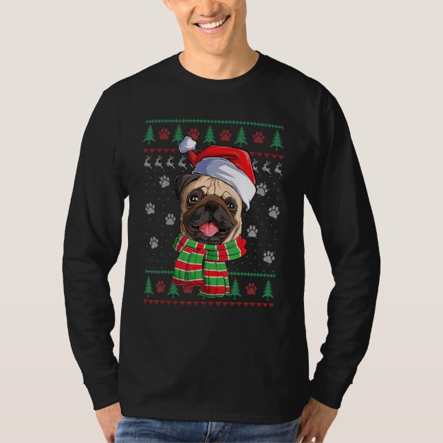 T-shirt Carlin lumières de Noël Santa Hat Chien laide laid (Devant)
