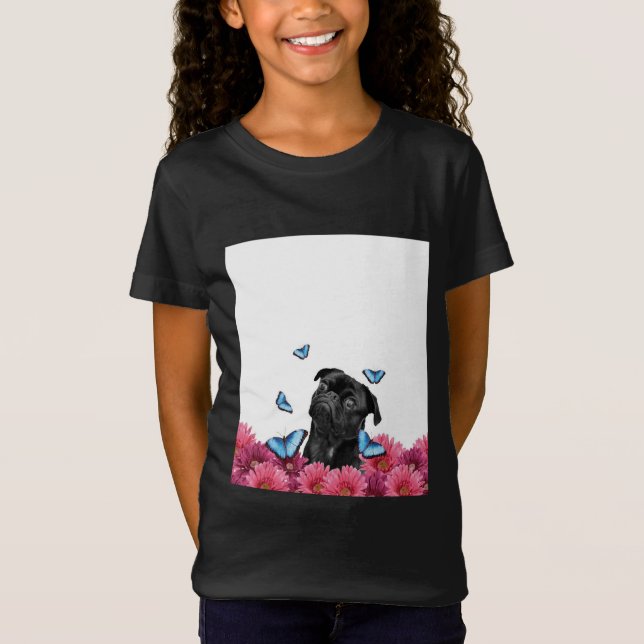 T-Shirt Carlin Noir Avec Papillons Bleus Et Gerberas (Devant)