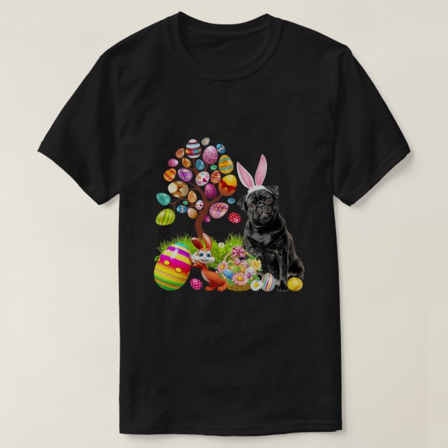 T-shirt CARLIN NOIR Jour de Pâques Oeufs Chiens Lapin Pâqu (Design devant)