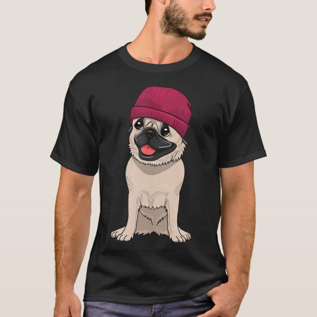 T-shirt Carlin portant Beanie mignon Cool chien Knit Casqu (Devant)