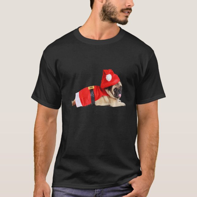 T-shirt Carlin Tan mignon Costume de Père Noël Image Chien (Devant)