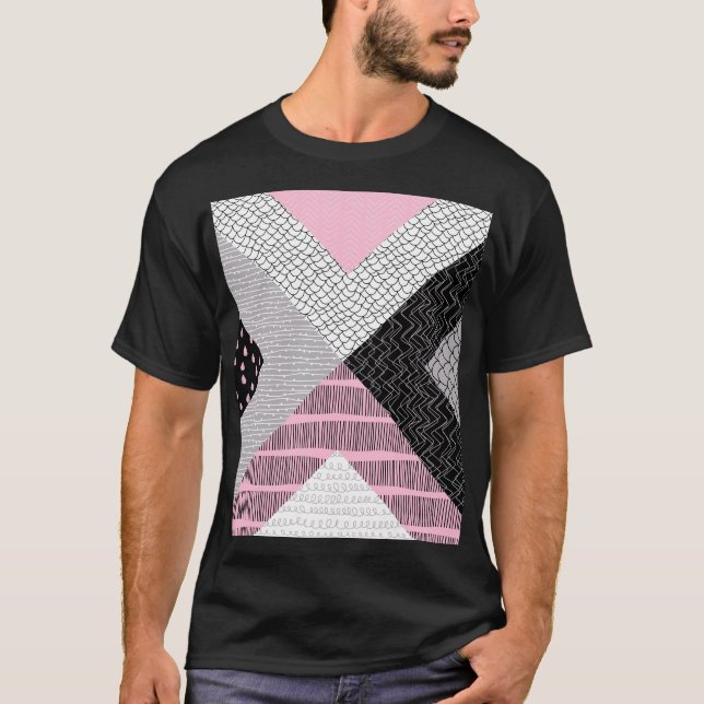 T-shirt Carreaux de patchwork, motif de dessin main libre. (Devant)
