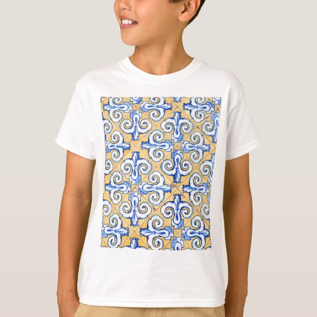 T-shirt Carreaux espagnols - Azulejo Bleu, Jaune et Blanc (Devant)