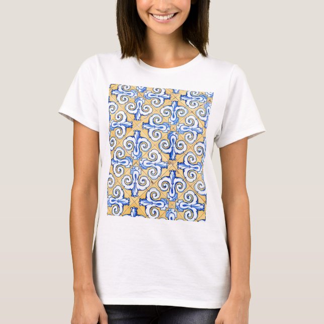 T-shirt Carreaux espagnols - Azulejo Bleu, Jaune et Blanc (Devant)