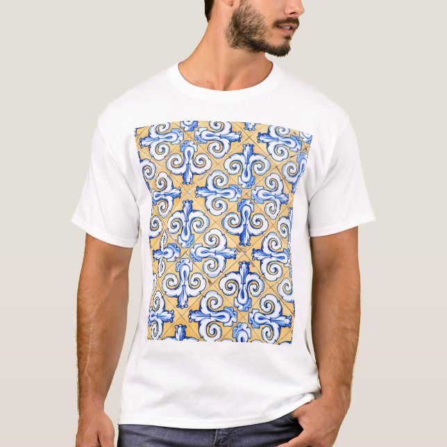 T-shirt Carreaux espagnols - Azulejo Bleu, Jaune et Blanc (Devant)