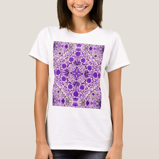 T-shirt Carreaux floraux en violet et coton bonbon rose (Devant)