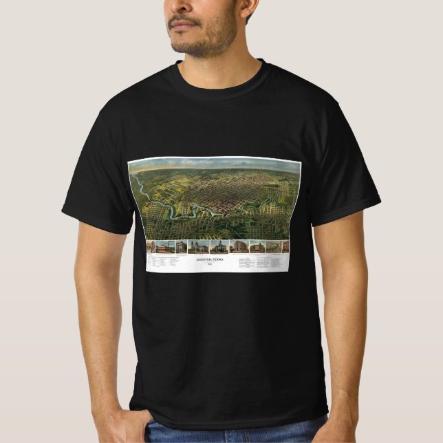 T-shirt Carte ancienne de Houston, Texas avec la rivière B (Devant)