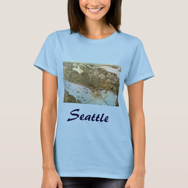 T-shirt Carte antique Vue aérienne Ville de Seattle Washin (Devant)