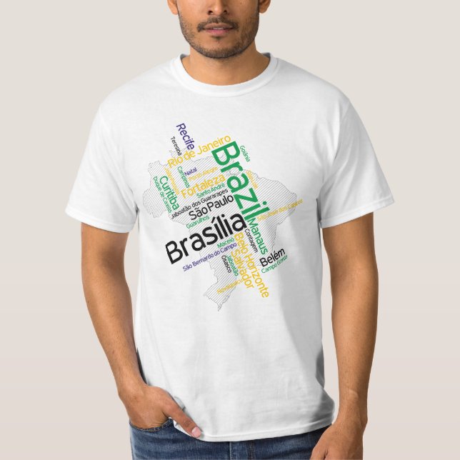 T-shirt Carte Brésil Silhouette Ville Noms Mot Cloud (Devant)