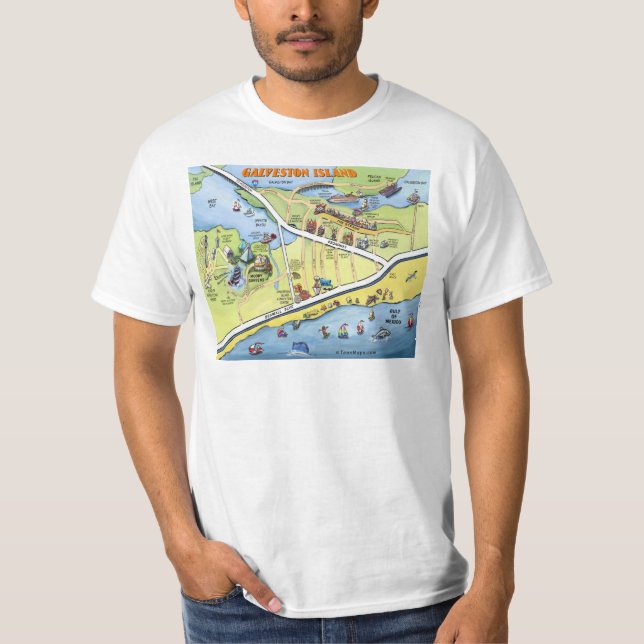 T-shirt Carte de bande dessinée de Galveston le Texas (Devant)