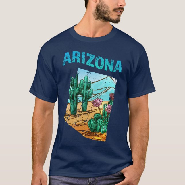 T-shirt Carte de l'Arizona avec forme de cactus Fleur Dése (Devant)