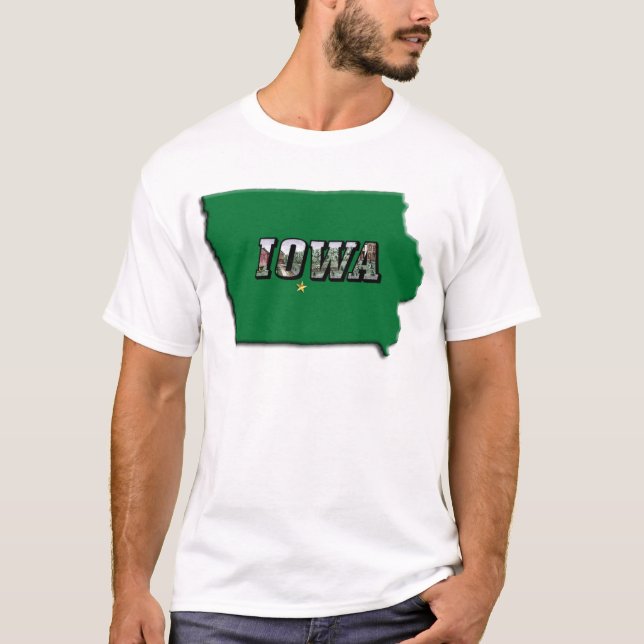 T-shirt Carte de l'État de l'Iowa Plan vert et texte photo (Devant)