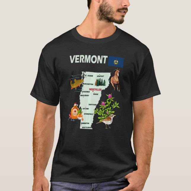 T-shirt Carte de l'État du Vermont Symboles principales vi (Devant)