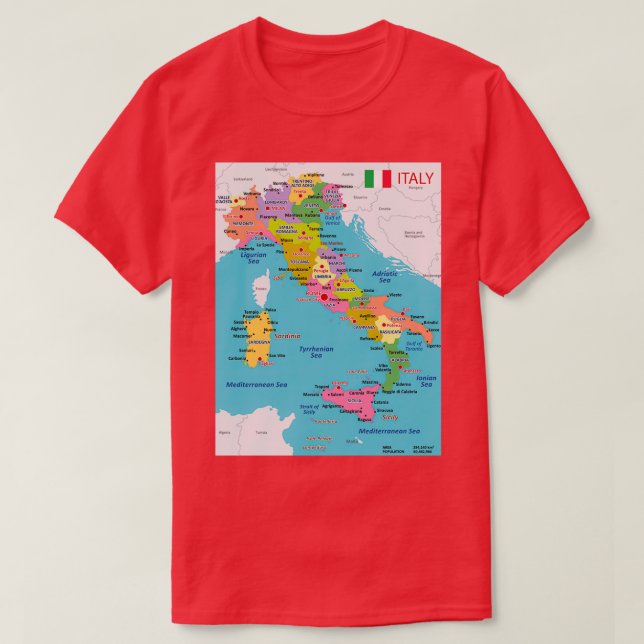 T-shirt Carte de l'Italie avec les régions et les principa (Design devant)