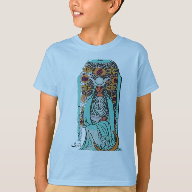 T-SHIRT CARTE DE TAROT LA HAUTE PRÊTRESSE PAR LIZ LOZ (Devant)