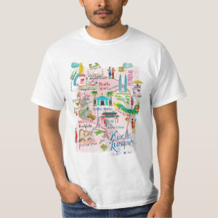 T-shirt carte de voyage illustrative rose de Kuala Lumpur