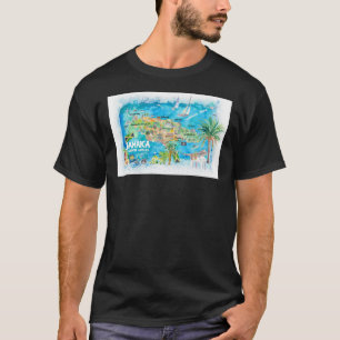 T-shirt Carte de voyage illustrée Jamaïque avec routes et
