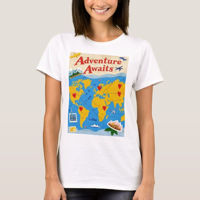 T-shirt Carte du monde avec épingles et points de repère (Devant)