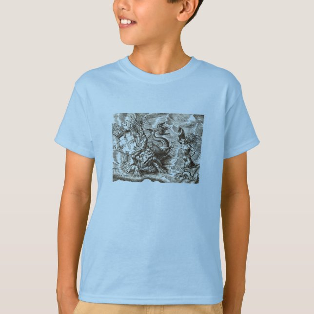 T-shirt Carte du monde Poséidon et Dauphin (Devant)