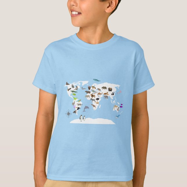 T-shirt Carte du monde pour enfants Animaux (Devant)