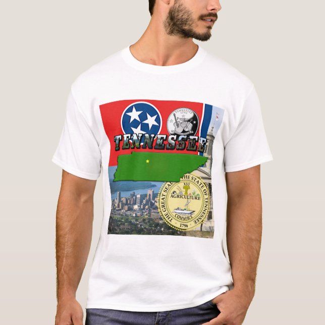 T-shirt Carte du Tennessee, Drapeau, sceau d'état et photo (Devant)