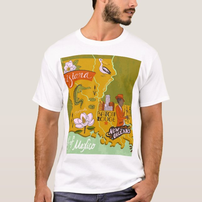 T-shirt Carte illustrée de la Louisiane : faits saillants  (Devant)