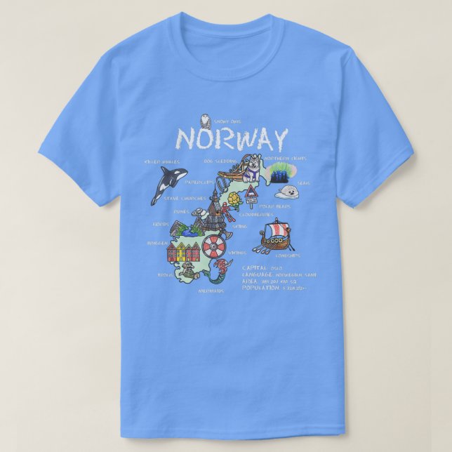 T-shirt Carte illustrée de la Norvège (Design devant)