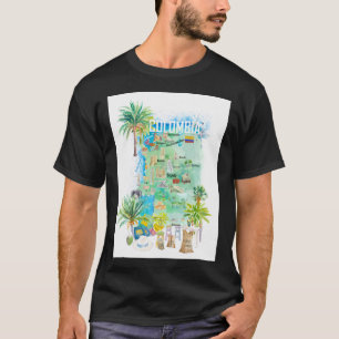T-shirt Carte illustrée de voyage de Colombie avec attract