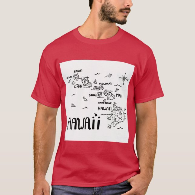 T-shirt Carte illustrée Hawaii noir et blanc (Devant)