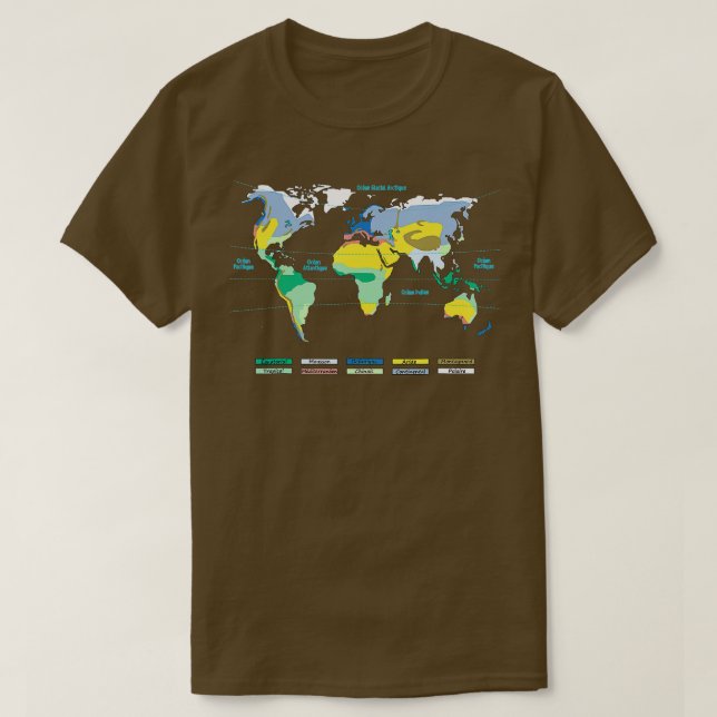 T-shirt Carte mondiale avec zones climatiques noms d'océan (Design devant)