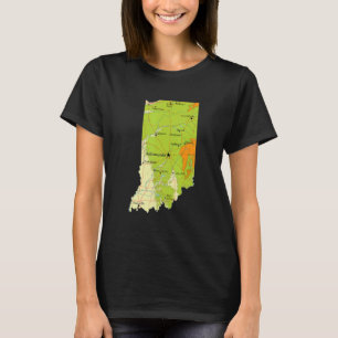 T-shirt Carte Physique De L'Indiana Grandes Villes Lacs Ri