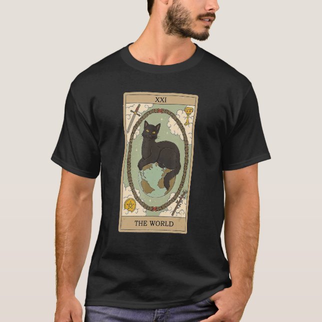 T-shirt Carte Tarot Le Monde Et Chat Chats Graphiques Cosm (Devant)