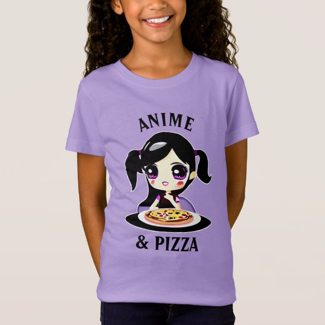T-Shirt Carton Anime et Pizza noir et violet (Devant)