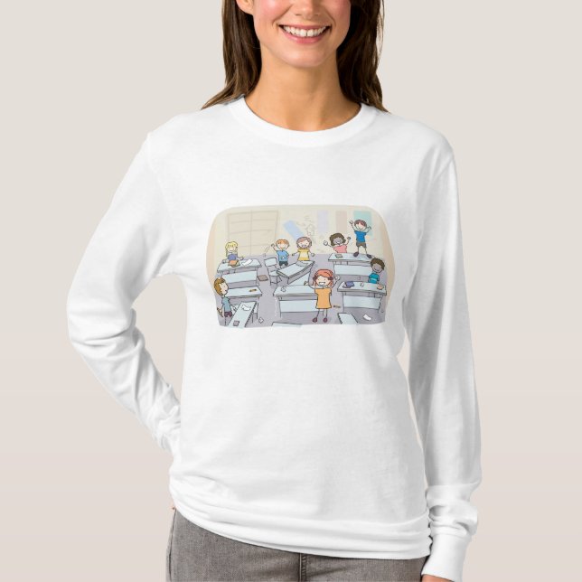 T-shirt Cartoon Classroom Chaos With Wild Students (Devant)