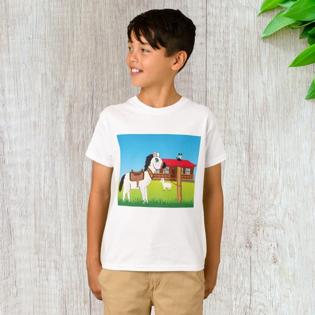 T-shirt Cartoon Farm Scène avec Cheval Chat et Chèvre (Créateur téléchargé)