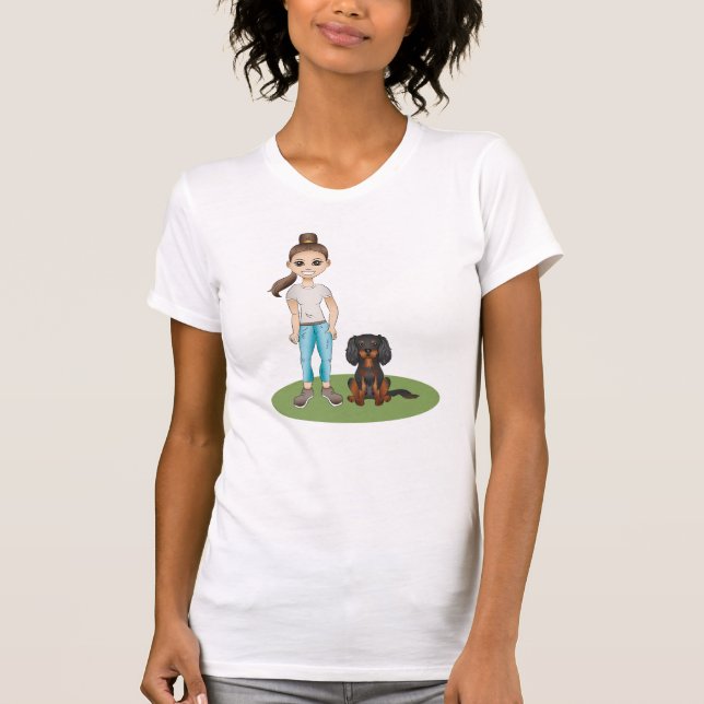 T-shirt Cartoon Girl & Black Et Tan Cavalier Spaniel Chien (Devant)