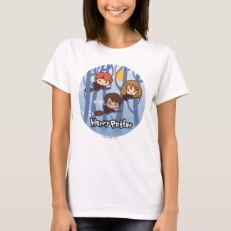T-shirt Cartoon Harry, Ron, & Hermione Flying In Woods