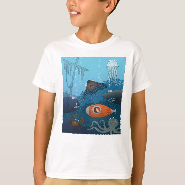 T-shirt Cartoon Kid in Submarine explore Undersea World (Devant)