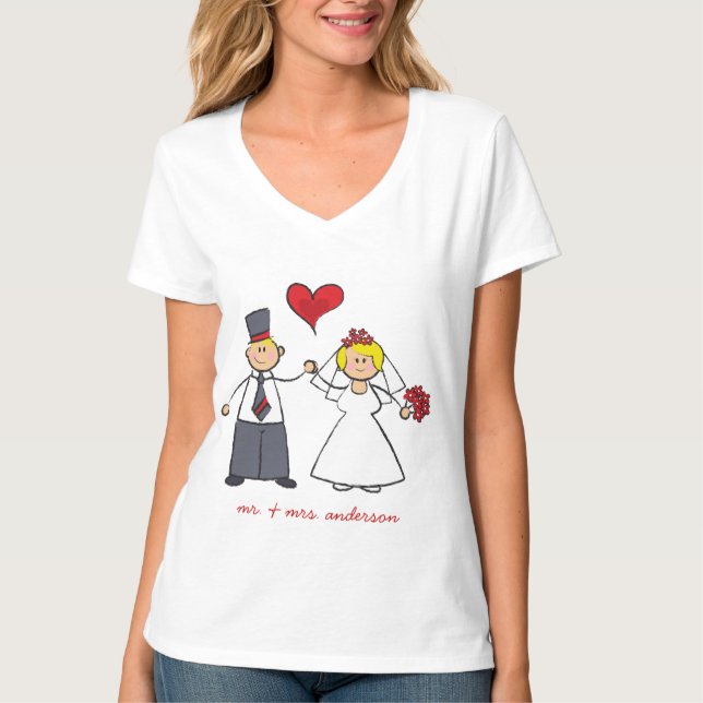 T-shirt Cartoon Mariage Couple Mariée & Groom Coeur rouge (Devant)