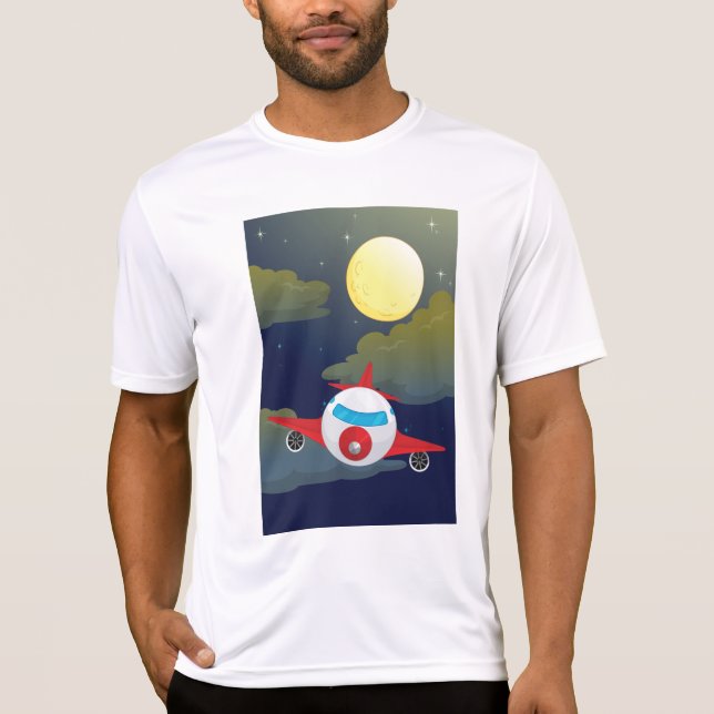 T-shirt Cartoon Red Airplane Flying In Night Sky (Devant)