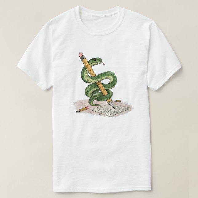 T-shirt Cartoon Snake Wrapped Around Pencil – Hand-Drawn (Design devant)