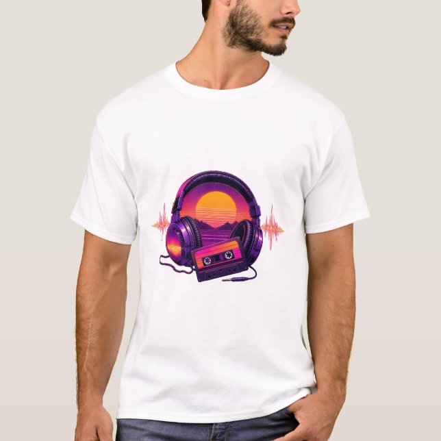 T-shirt Casque Retro Synthwave au coucher du soleil (Devant)