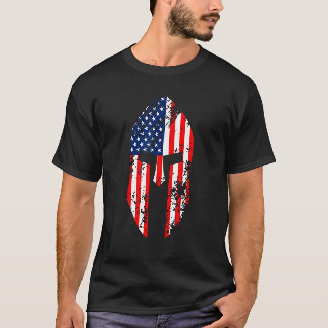 T-shirt Casque Spartiate Avec Drapeau Américain Juillet 4 (Devant)