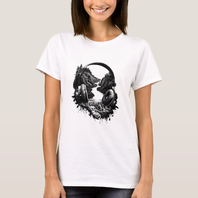 T-shirt Casques Nature et Musique - Artiste noir et blanc (Devant)