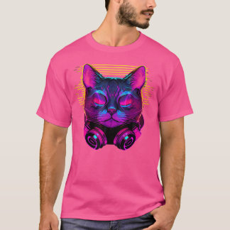 T-shirt Casques Synthwave Cyberdelic 80S Cat Dj Cyber A