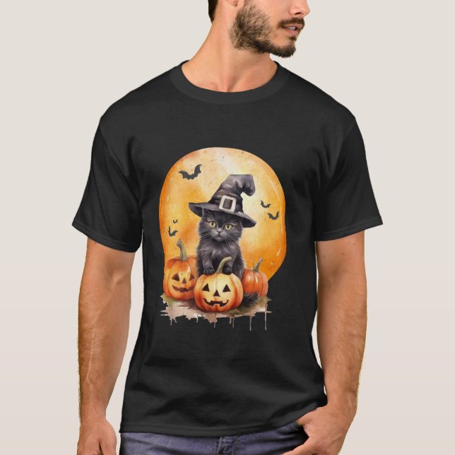T-shirt Casquette Chat Noir Sorcière Citrouille Pour Femme (Devant)