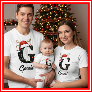 T-shirt Casquette de Noël de famille monogrammée avec bois