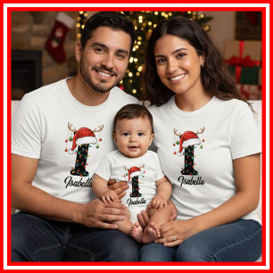 T-shirt Casquette de Noël de famille monogrammée avec bois